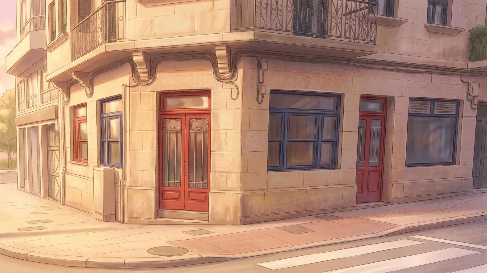Esquina del local, con sus puertas rojas y ventanas azules, en una ilustración a la luz de la tarde